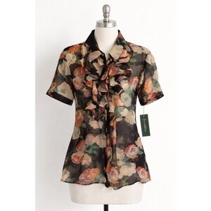 Lauren Ralph Lauren Floral Chiffon Blouse XL Ruffle Front Button Short Sleeve